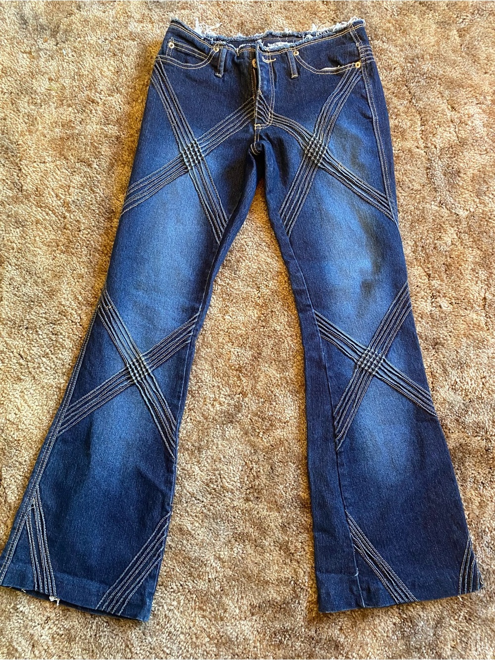 Y2K R4R Women’s Dark Blue Flare Jeans with Cross-Stitch Diamond Detail